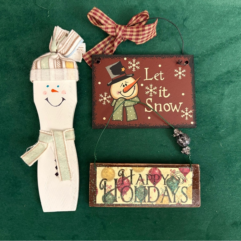 Festive Wooden Snowman and Holiday Sign Set of 3